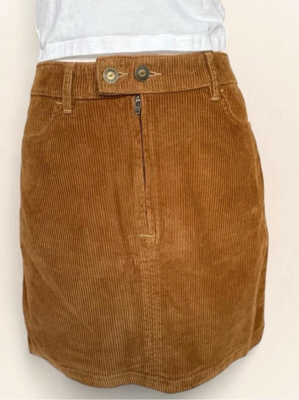 Hollister Camel Corduroy High Rise Mini Skirt 5 Zip Front Y2K Indie Cotton